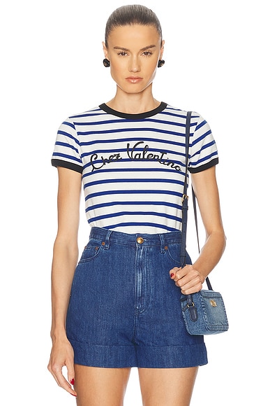 Valentino Striped Cotton T Shirt in Avorio & Blu
