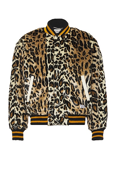 WACKO MARIA Fur Leopard Varsity Jacket in Beige