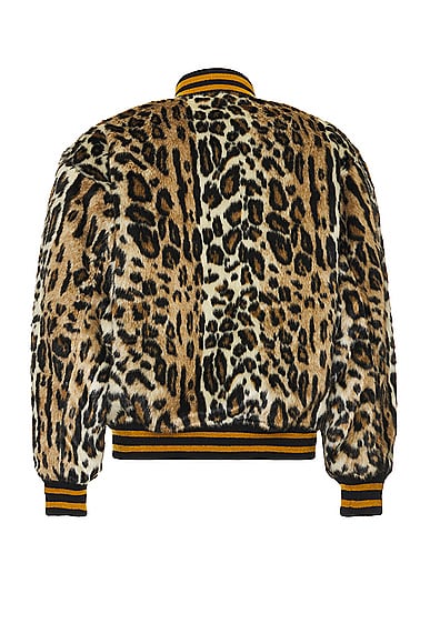 Shop Wacko Maria Fur Leopard Varsity Jacket In Beige