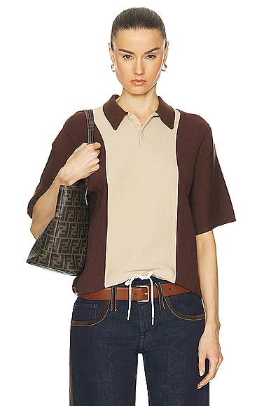 WAO Short Sleeve Stripe Knit Polo in Brown & Natural