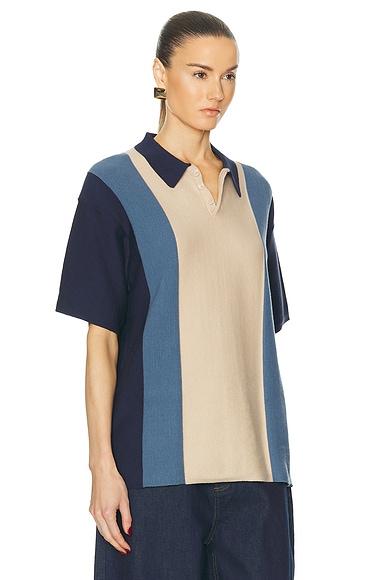 Wao Short Sleeve Stripe Knit Polo In Navy & Gold