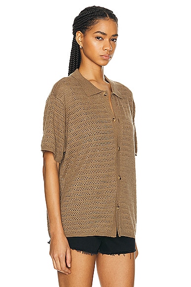 Shop Wao Open Knit Short Sleeve Shirt In Taupe