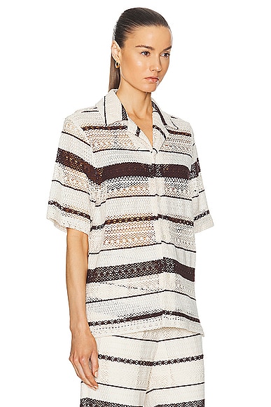 Shop Wao Crochet Stripe Camp Shirt In Natural & Brown