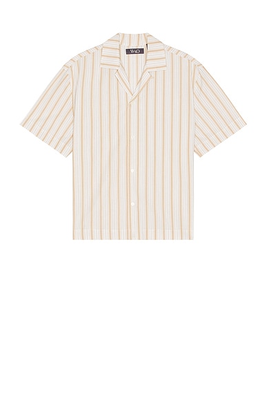 WAO Textured Stripe Camp Shirt in White & Sand