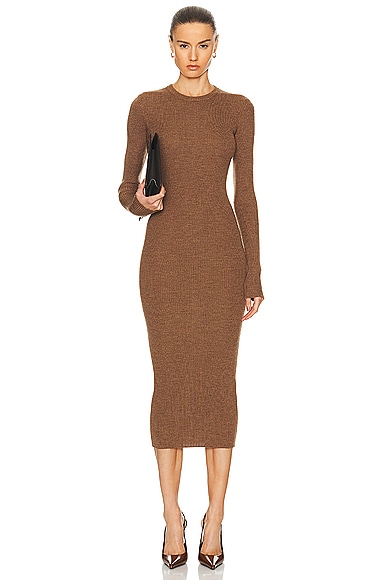 WARDROBE.NYC Ribbed Long Sleeve Dress in Brown