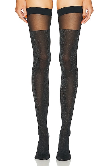 Shop Wolford Shiny Sheer Stay Up Tights In Black & Pewter