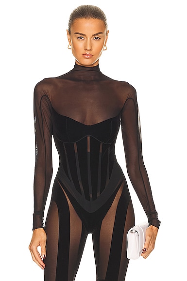 Wolford x Mugler Flock Shaping Bodysuit in Black | FWRD