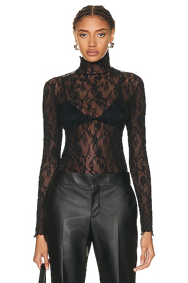 Wolford Floral Lace Mock Neck Long Sleeve Top in Black | FWRD Wolford Floral Lace Mock Neck Long Sleeve Top in Black | FWRD