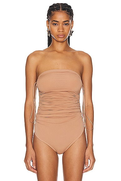 Shop Wolford Fatal Draping String Bodysuit In Almond
