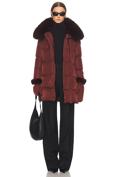 Yves Salomon Long Belted Down Jacket in Chianti