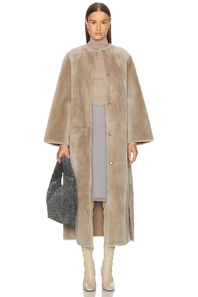 Yves Salomon Extra Long Draped Shearling Reversible Coat in Moon