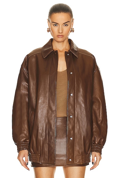 Oversized Leather Bomber Jacket in Brown
