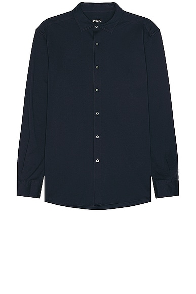 Zegna Pure Cotton Jersey Long Sleeve Shirt in Navy