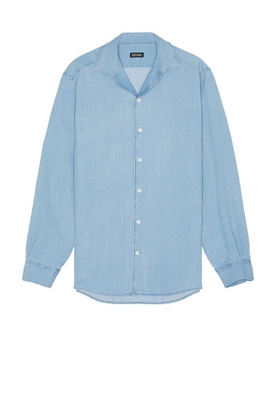 Zegna Cotton And Linen Denim Shirt in Light Blue