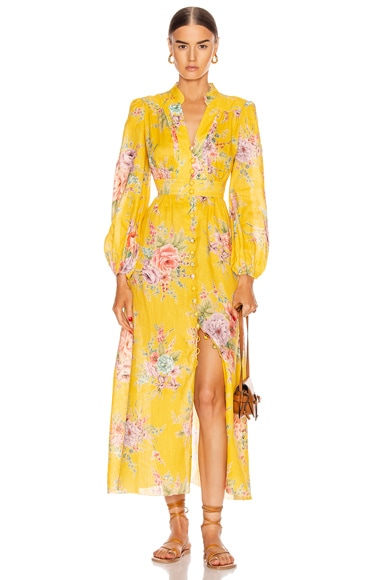 Zimmermann Zinnia Button Front Long Dress in Golden Floral | FWRD