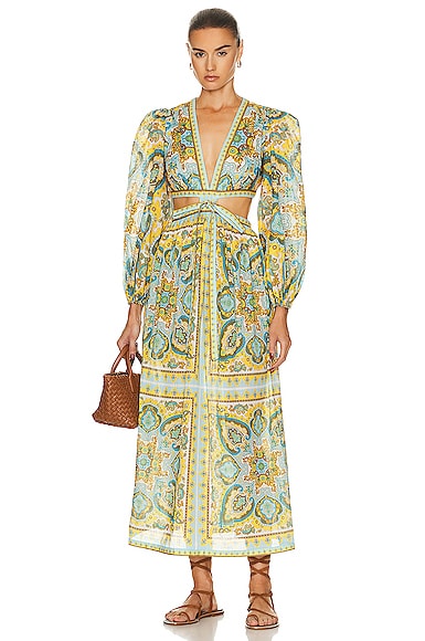 Zimmermann Halcyon Tie Front Midi Dress in Blue Yellow Paisley | FWRD