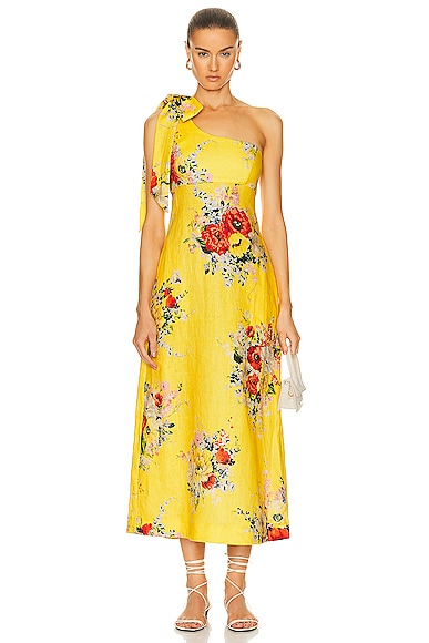 Zimmermann Alight Asymmetric Midi Dress in Yellow Floral