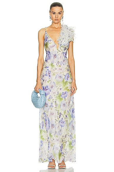 Zimmermann Natura Feather Slip Gown in Blue Floral