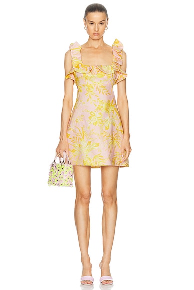 Zimmermann Golden Ruffle Mini Dress in Pink & Gold Floral