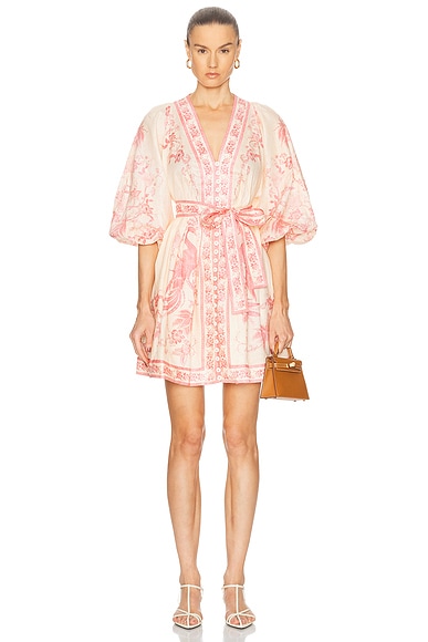Zimmermann Lucky Plunge Mini Dress in Cream & Pink Floral
