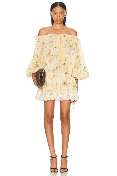 Zimmermann Cascadian Tiered Mini Dress in Yellow Botanical Floral