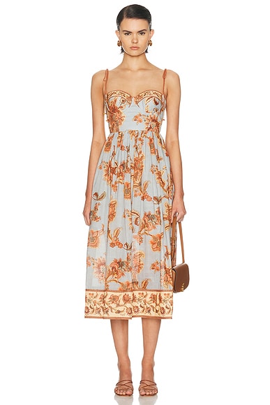 Zimmermann Aster Corset Midi Dress in Blue Jacobean