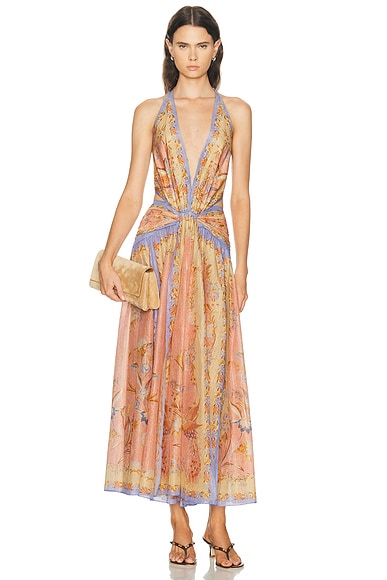 Zimmermann Indra Plunge Halter Maxi Dress in Pink Scarf Floral