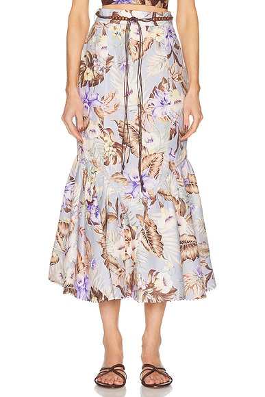 Zimmermann Coco Fit And Flare Midi Skirt in Powder Blue Multi Floral