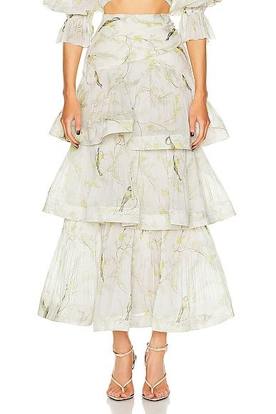 Zimmermann Pleated Tiered Skirt in Acacia Birds