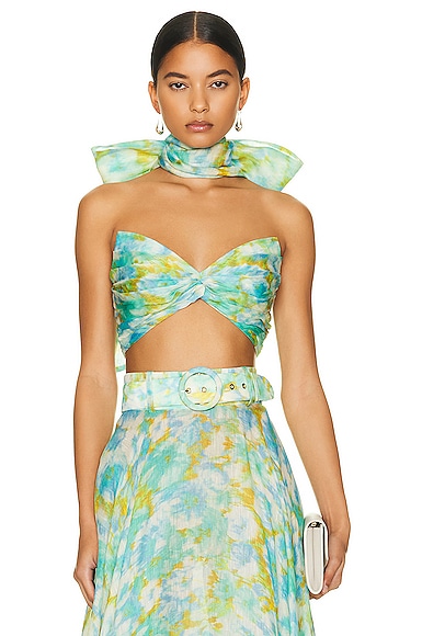 Zimmermann High Tide Twist Crop Bodice Top in Aqua Ikat
