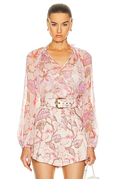 Zimmermann Matchmaker Billow Blouse in Coral Hibiscus