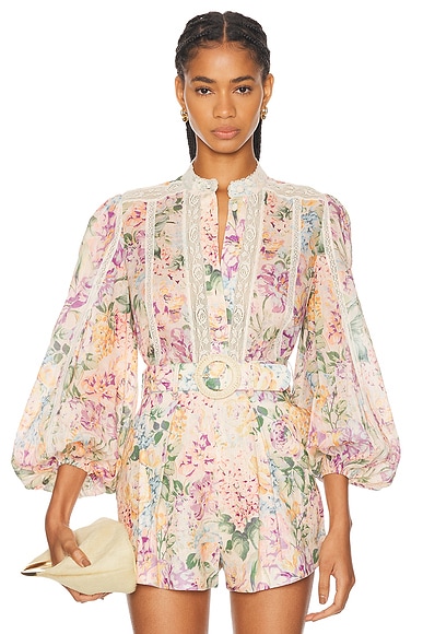 Zimmermann Halliday Lace Trim Shirt in Multi Watercolour Floral