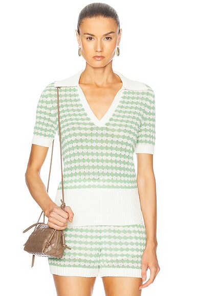 Zimmermann Everley Scallop Knit Polo Tee in Green & Cream | FWRD