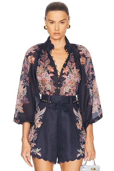 Zimmermann Rhiannon Billow Blouse in Navy Multi Paisley