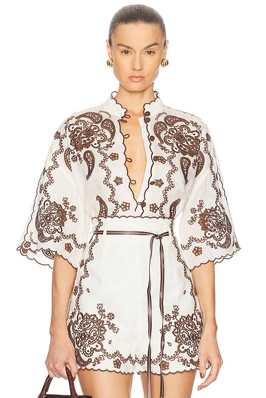 Zimmermann Ascension Embroidered Shirt in Ivory & Chocolate