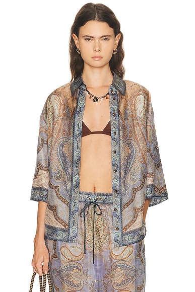 Zimmermann Wanderlust Short Sleeve Top in Tapestry Blue Multi