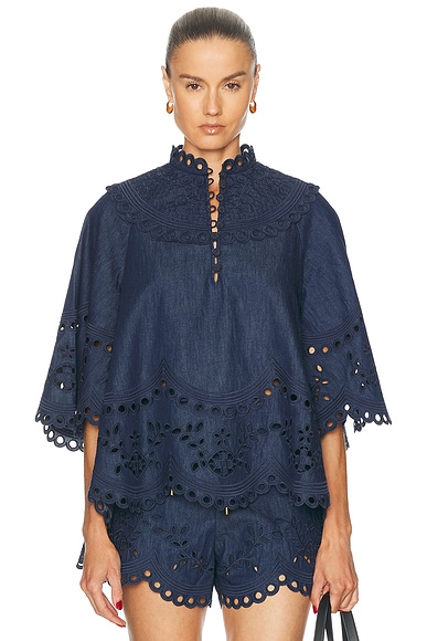 Zimmermann Mahon Broderie Denim Top in Ink