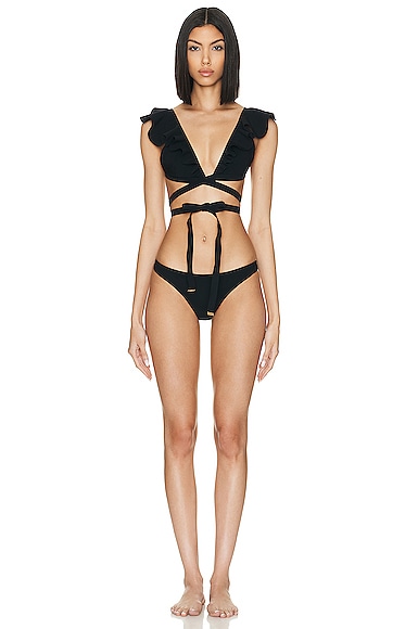 Halcyon Wrap Ruffle Bikini Set In Noir