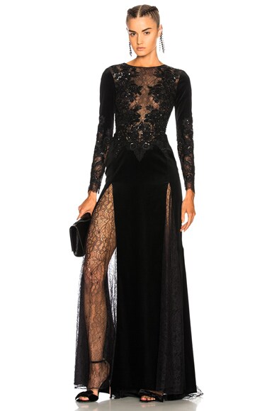 Mermaid Long Sleeve Embroidered Velvet Dress