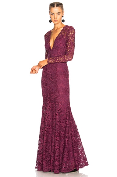 Long Plunging Neckline Guipure Lace Dress