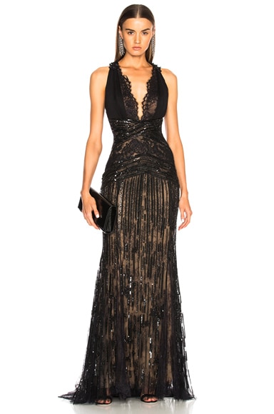 Zuhair Murad Embellished Lace Sleeveless Gown in Black | FWRD