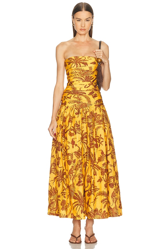 knee length dresses for ladies Zimmermann Crush Asymmetrical Midi Dress Yellow Floral main image 0