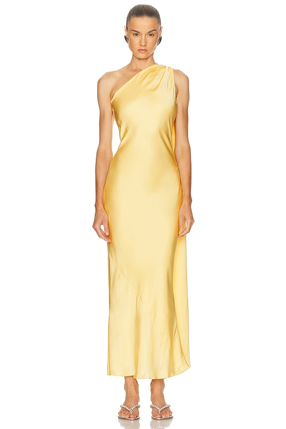 The Andamane Riri One Shoulder Cut Out Midi Dress in Amber