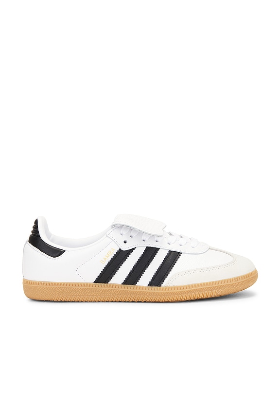 adidas Originals Samba Platform in White, Core Black, & Gold