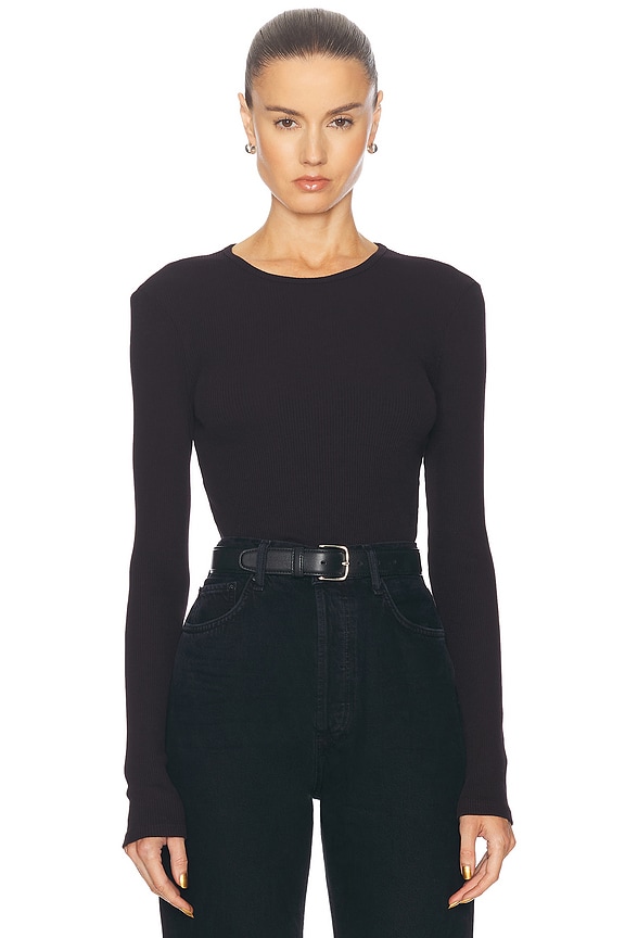 Enza Costa Silk Knit Long Sleeve Crewneck Top in Brown | FWRD