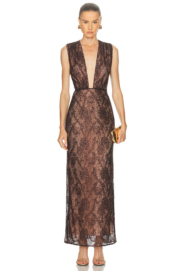 Ganni Mesh Lace Long Dress in Racing Red | FWRD