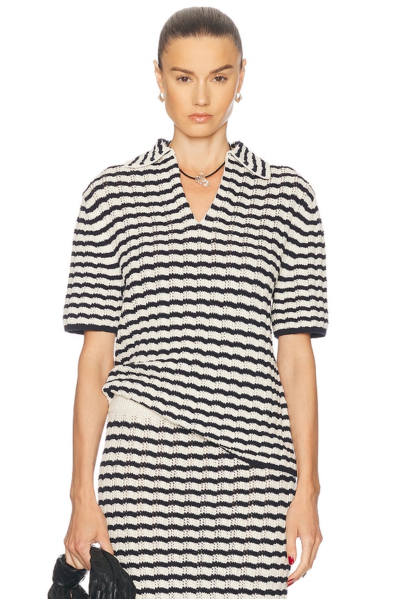Ganni Jacquard Denim Flounce Tie Blouse in Mid Blue Stone | FWRD