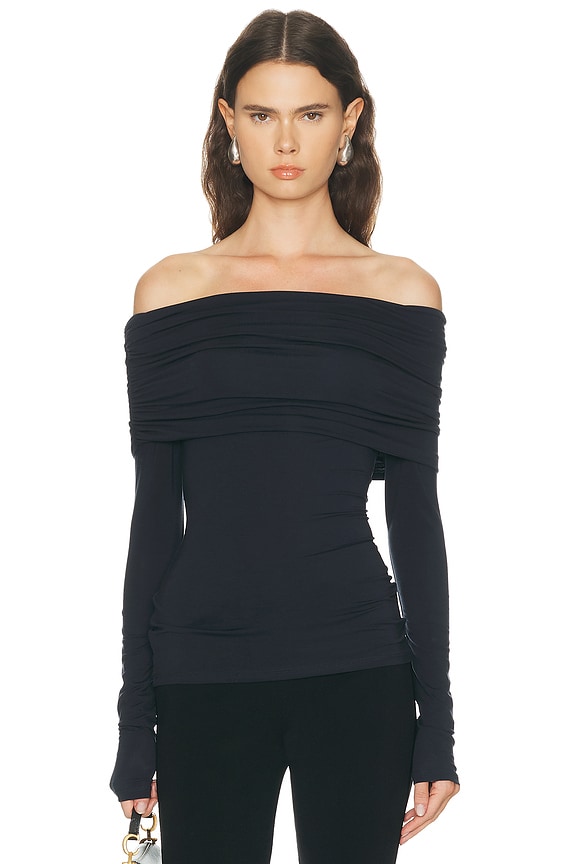 Helsa Sheer Knit Off The Shoulder Top in Black | FWRD