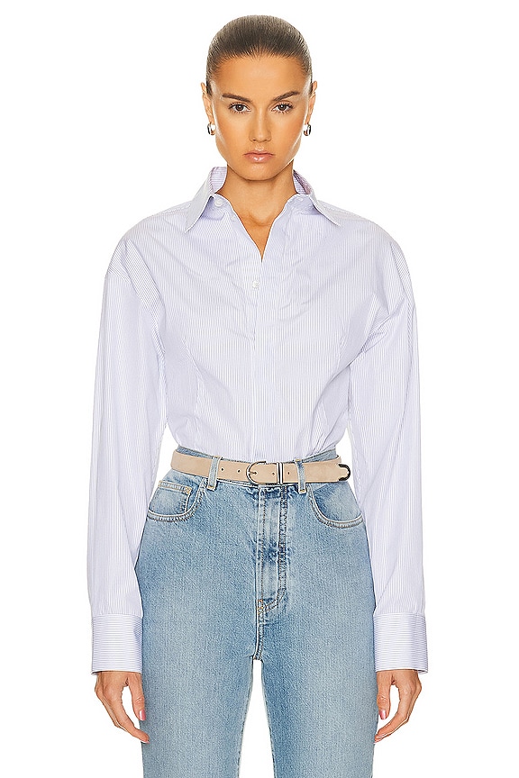 Toteme Striped Half Placket Shirt in Blue & White | FWRD