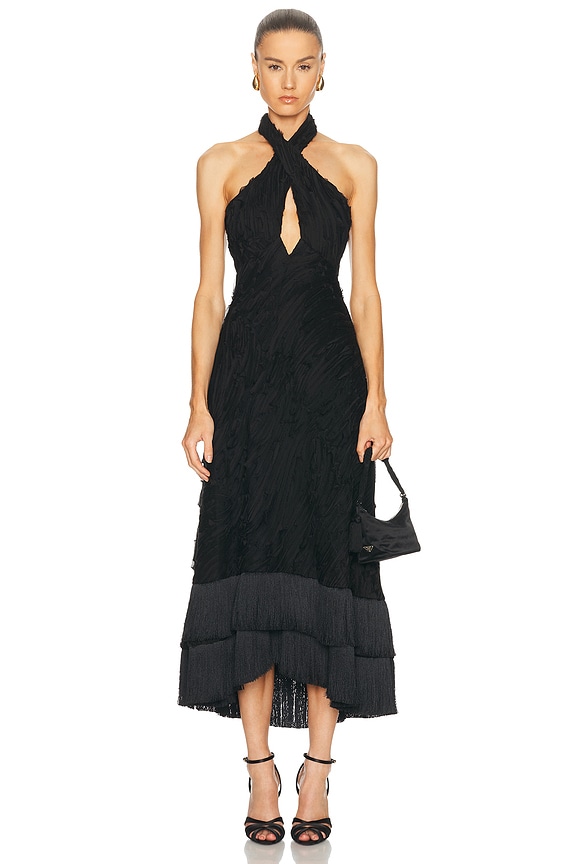 self-portrait Rhinestone Fishnet Crossover Midi Dress in Black | FWRD